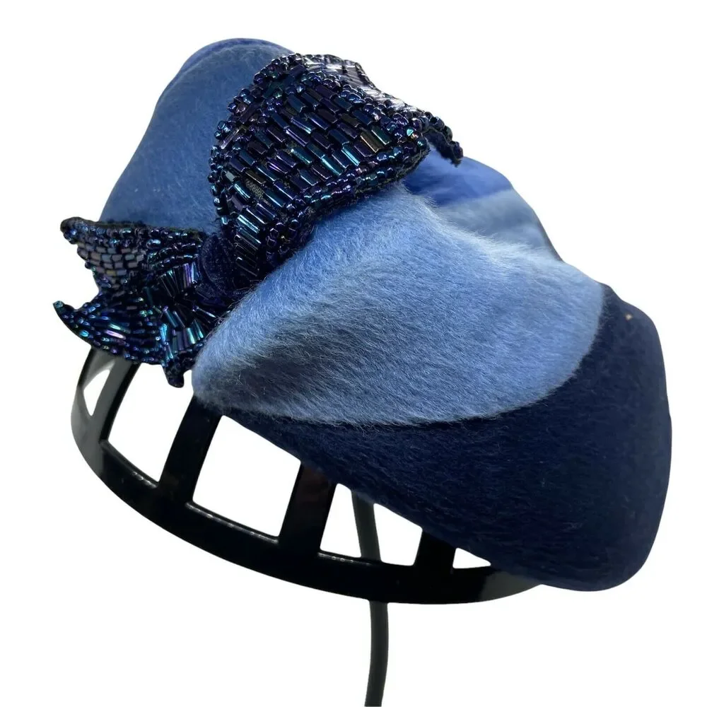 Pillbox Hat Vintage 50s B Forman Sons Womens Blue Fitted Beaded Chic Size 6-5/8 - Picture 3 of 16